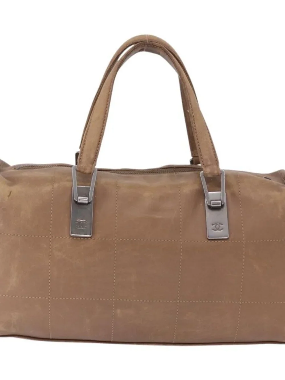 CHANEL Choco Bar Hand Bag Lamb Skin Brown Silver CC Auth 183856